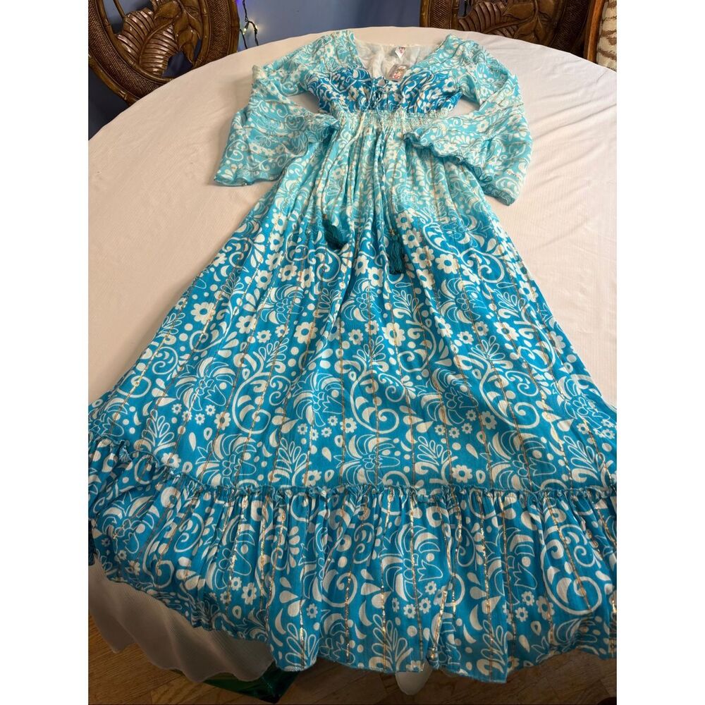 NWT India Boutique Blue White Maxi Dress One Size New